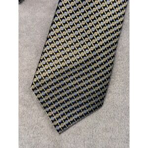 Platinum Designs Mens Silk Necktie Gold Blue Black Geometric Pattern Hand Made
